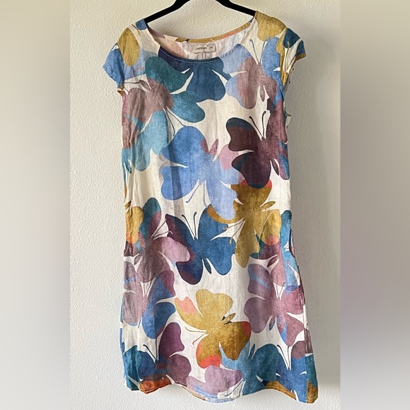 Linen Luv Blue Butterfly Art-To-Wear Linen Dress w/ Pockets Made in Italy Small - Picture 2 of 11
